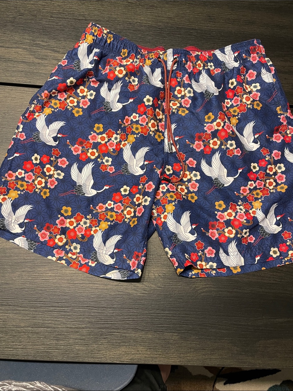 Navy Crane & Floral Swim Trunks